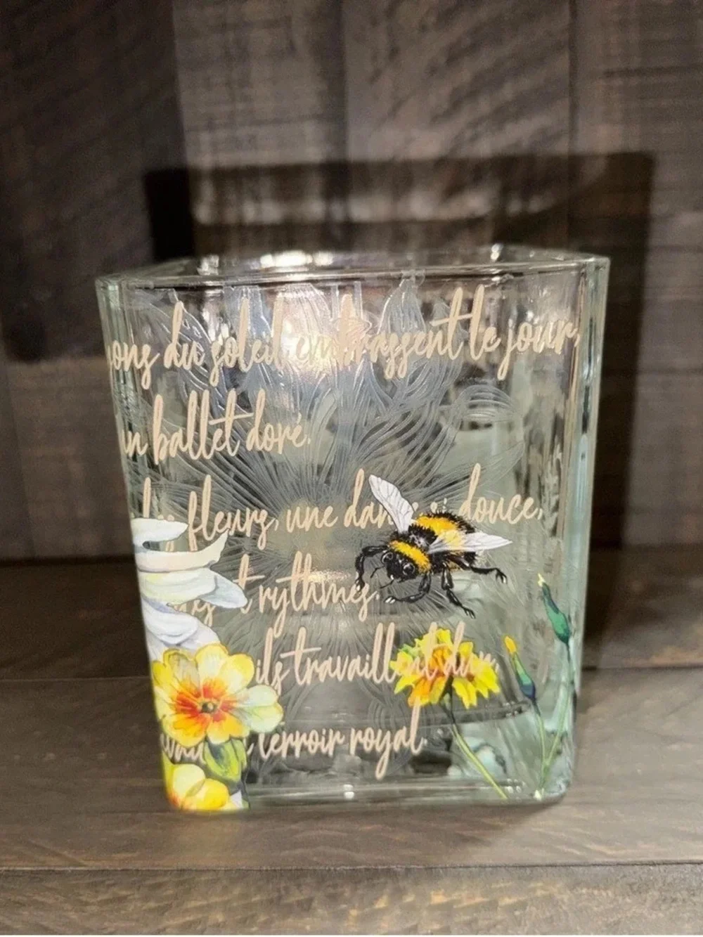 Glass Floral & Bumblebee Votive Candle Holder — Yellow Accents